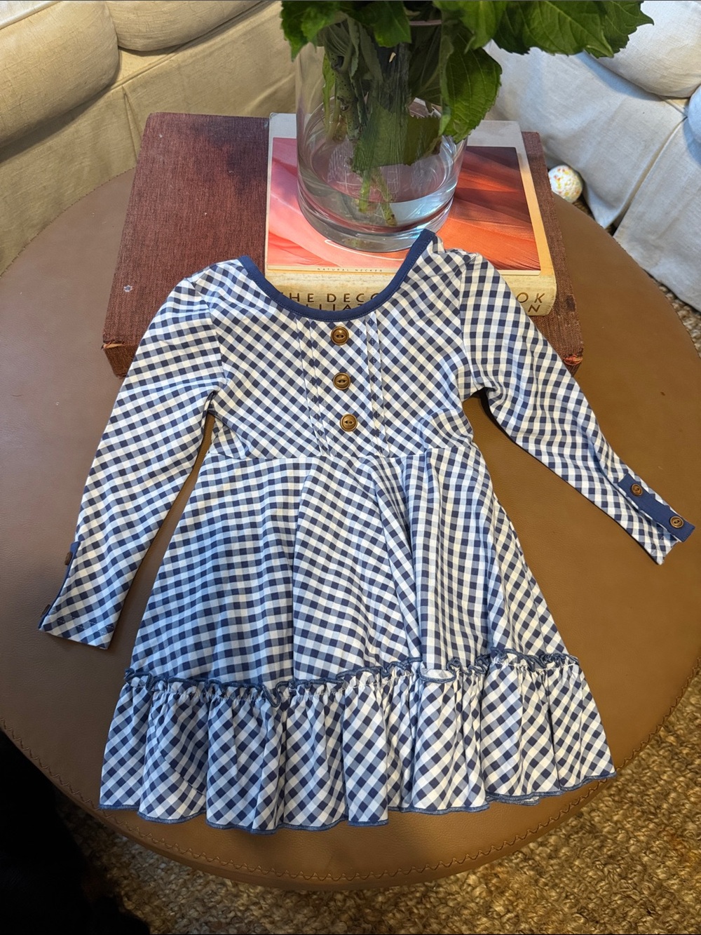 Girls' Blue Gingham Long-Sleeve Ruffle Hem Dress